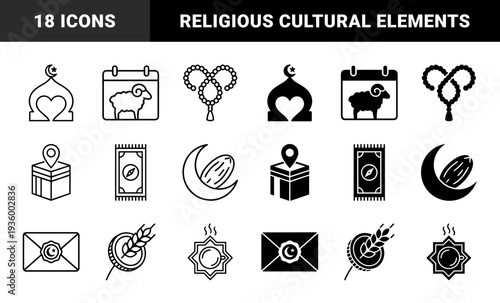 Islamic Culture and Religious Symbols Featuring Hybrid Mosque Heart Shapes Kaaba Navigation Markers and Ramadan Fasting Elements in Line and Solid Style