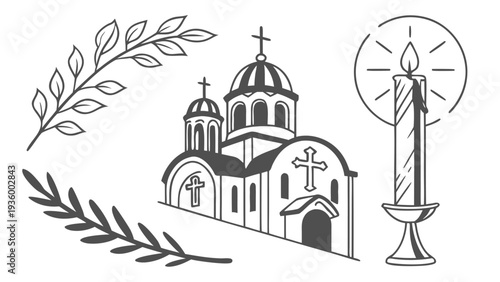 Minimal Romanian Orthodox holiday set including church candle and leaves