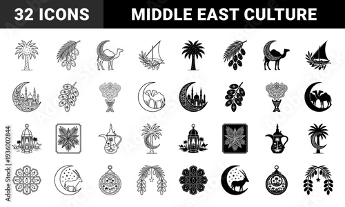 Traditional Middle Eastern cultural symbols merged with celestial constellations and geometric patterns featuring palm tree camel mosque and dhow boat motifs