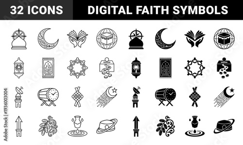 Traditional lantern and ornate lamp line art for festive celebrations. Decorative middle eastern lighting elements featuring ramadan fanous and magic lamp silhouettes.