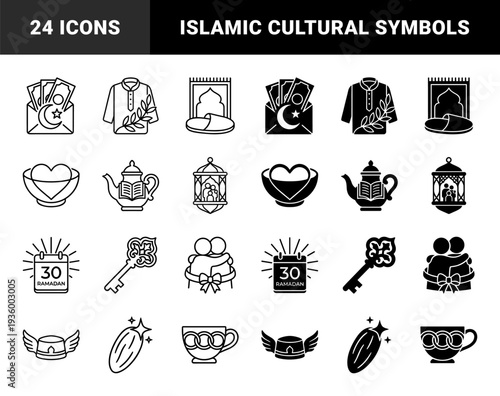 Islamic Ramadan Mubarak hybrid icon collection featuring crescent money envelopes prayer rugs lantern family silhouettes and dates with sun rays in outline and solid styles