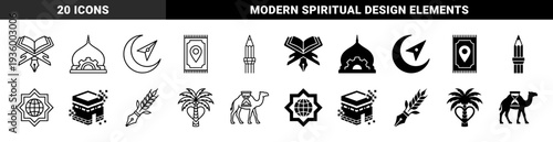 Islamic culture hybrid symbols featuring quran pen merger mosque gear integration and kaaba digital pixel transition in outline and solid styles