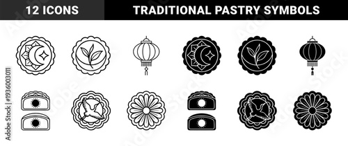 Lunar Festival Celebration Elements Featuring Hybrid Mooncake Designs With Crane Bird Tea Leaf Lantern And Floral Pattern Symbols In Minimalist Dual Line And Solid Style