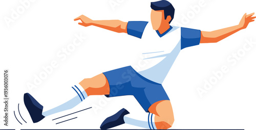 Man in blue and white sports uniform kicking with outstretched arms