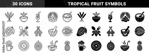 Traditional Southeast Asian culinary symbols and tropical fruit icons featuring a hybrid dual style with thick black outlines and solid fill silhouettes