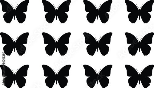 Butterfly silhouette collection with multiple flying butterfly shapes isolated vector illustration for nature design decoration tattoo pattern and wildlife graphic elements