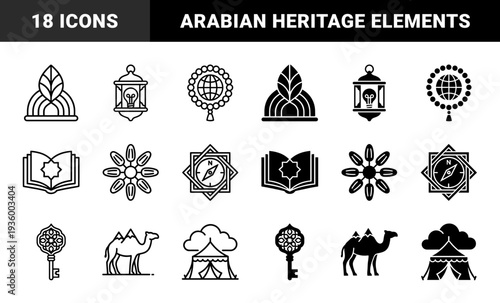 Islamic heritage and middle eastern culture hybrid symbol collection featuring desert camel nomadic tent oil lamp and prayer bead globe concepts