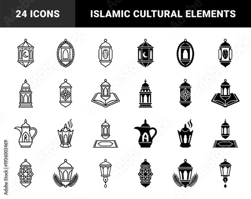 Ramadan lantern hybrid icons featuring crescent moon religious book prayer mat date fruit dalah teapot and incense burner in outline and solid style