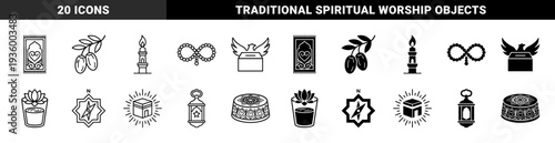 Islamic heritage symbol collection featuring prayer rug with heart motif olive branch minaret lighthouse and kaaba with spiritual light rays