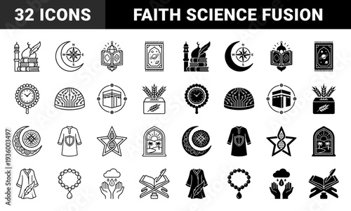 Islamic spiritual and educational icons merging traditional faith symbols with modern concepts like science technology and global connectivity in line and solid styles
