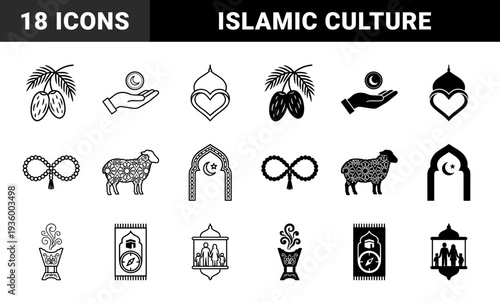 Islamic cultural symbols featuring date fruit prayer beads and sheep with geometric arabesque patterns in dual outline and solid silhouette style