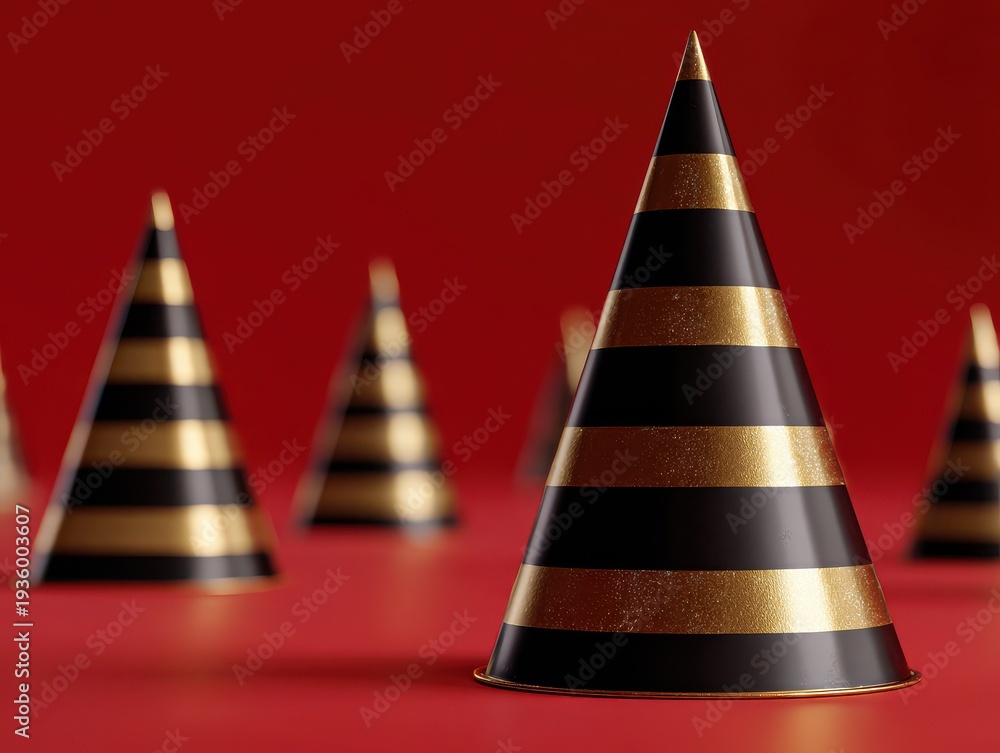 Fototapeta premium black and gold party hats isolated on a red background