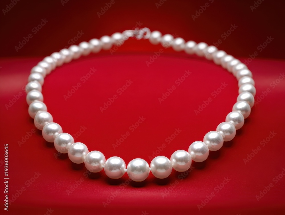 Obraz premium white pearl necklace isolated on a red background