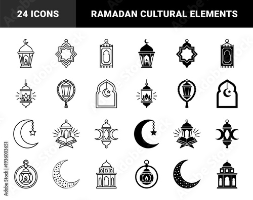 Islamic cultural symbols featuring hybrid lantern crescent moon and prayer bead designs with geometric starchart and quran book silhouettes