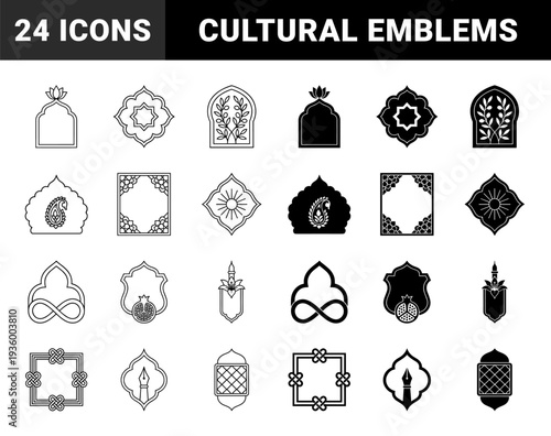 Islamic architectural frames and traditional middle eastern symbols merging pomegranate paisley lotus and fountain pen nib into geometric cultural emblems