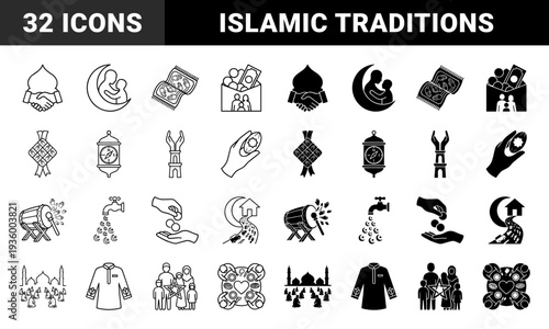 Islamic tradition and Eid celebration hybrid conceptual icons featuring Ramadan Kareem motifs merged with communal ritual and charity symbols in outline and solid styles