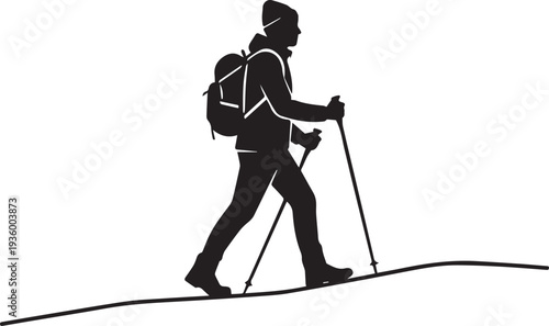 Obraz na plátne Minimalist Hiker on Ridge Line with Backpack and Trekking Silhouettes