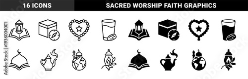 Islamic Religious Hybrid Iconography Featuring Ramadan Lanterns With Quranic Books Kaaba Compass Direction Prayer Beads And Mosque Globe Symbols