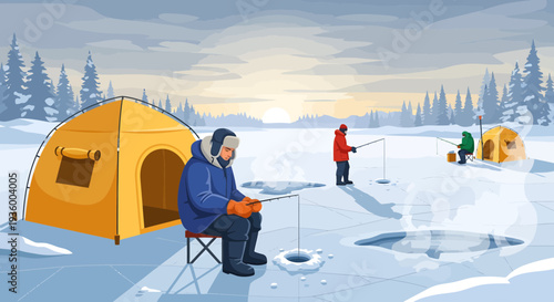 Man ice fishing in winter tent.