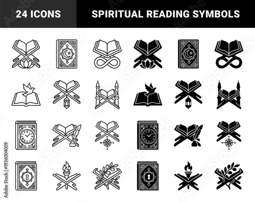 Traditional Islamic Rehal Book Stand Hybrid Icons Featuring Symbolic Mergers with Crescent Moon Clock Compass Dove Lantern and Sacred Geometry