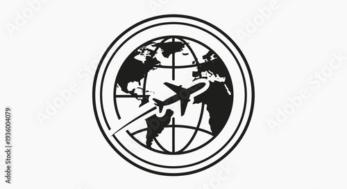 Airplane flying around stylized globe logo, travel concept