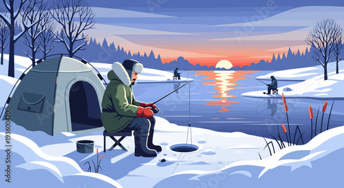 Man ice fishing in winter with tent and gear.