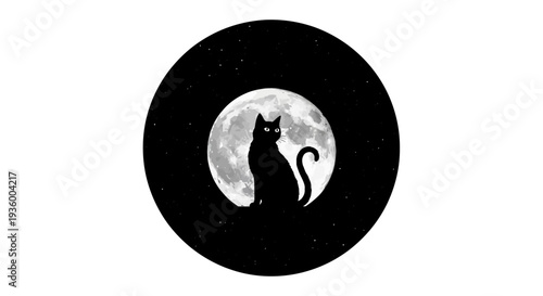 Black Cat Silhouette Against Full Moon and Starry Night Sky