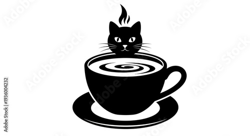 Black Cat Silhouette Emerging From Coffee Cup Silhouette with Steam