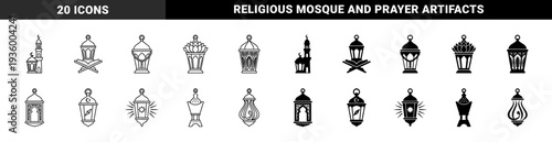 Ramadan lantern and mosque minaret collection featuring hybrid designs with crescent moon star and quran book symbols in solid and outline style