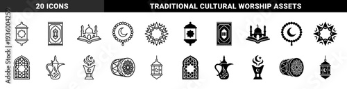 Islamic cultural symbols featuring ramadan lanterns prayer rugs and mosque silhouettes integrated with crescent moon and geometric star patterns