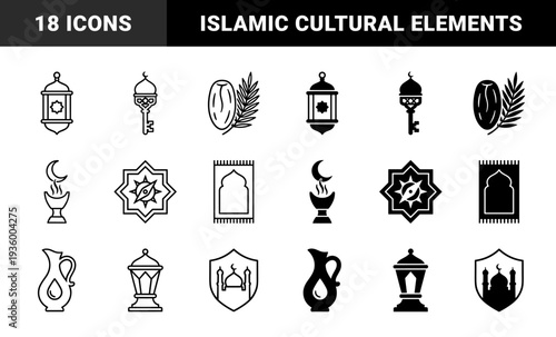 Islamic heritage symbol collection featuring hybrid mosque architecture keys ramadan lanterns prayer rugs and crescent moon incense burners in solid and outline styles