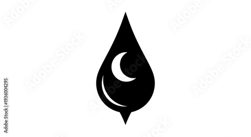 Black ink drop with crescent moon silhouette, isolated on white background