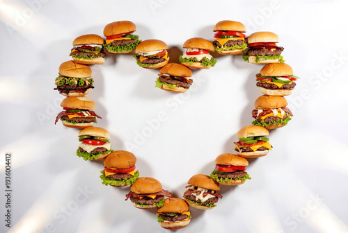 Collection of small burger sliders arranged in a heart shape on a white surface. Creative fast food photography for romantic events or catering marketing.