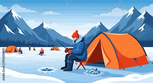 Man ice fishing in winter with tent.
