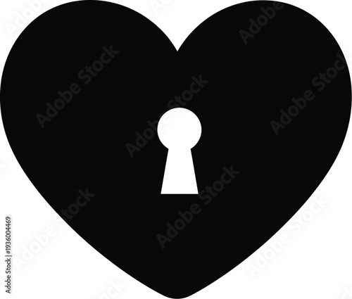 Black heart shape with a white keyhole in the center.  
"Heart Lock" metaphor for unlocking someone feelings. Valentine's Day themes, greeting cards, and website design. 