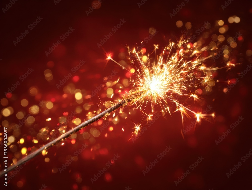 Fototapeta premium golden sparkler with bright sparks isolated on a red background