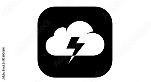 Cloud lightning bolt icon, weather forecast symbol, black and white