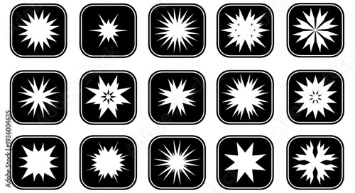 Collection of Starburst Icon Set, White Explosion Shapes on Black Background