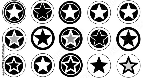 Collection of Star Icons in Circles: Black, White, and Gray Variations