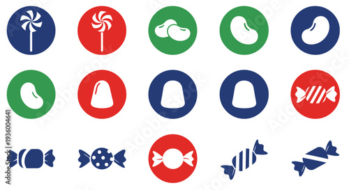 Colorful Candy Icons: Lollipop, Jelly Beans, Gumdrops, and Wrapped Sweets