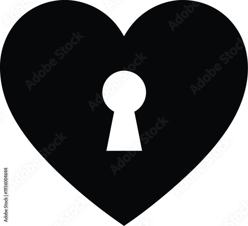 Black heart shape with a white keyhole in the center.  
"Heart Lock" metaphor for unlocking someone feelings. Valentine's Day themes, greeting cards, and website design. 