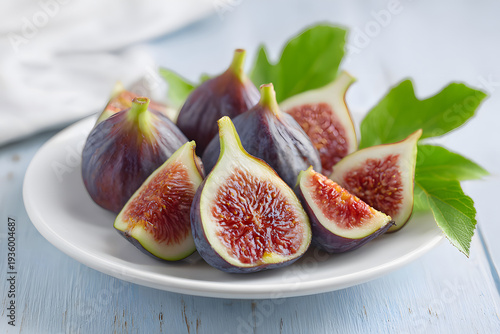 Sliced figs arranged on a plate with green leaves during daylight hours