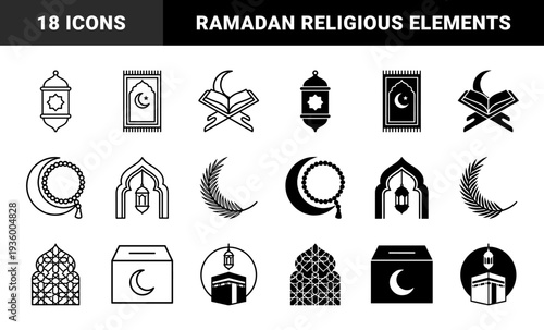 Islamic Religious Symbols Featuring Ramadan Lanterns Prayer Rugs Quran Rehal And Kaaba In Dual Outline And Solid Silhouette Hybrid Style