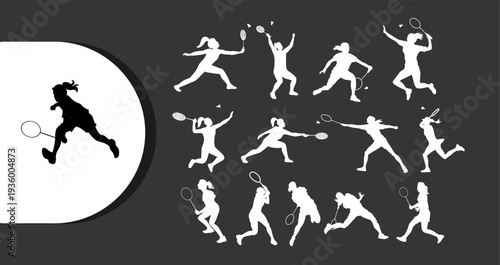 Dynamic badminton players in various action poses