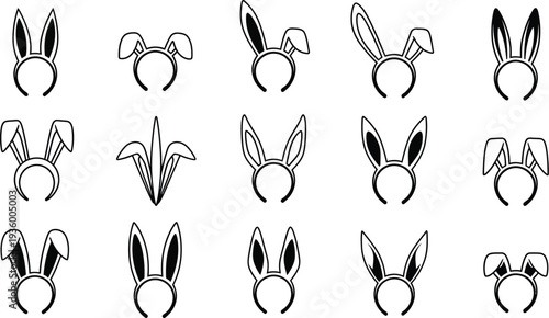 Easter rabbit, bunny ear headband in different positions and arrangements, such as upright, floppy, or angled. 