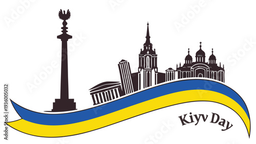 Kyiv Day banner with skyline silhouette and flowing Ukrainian flag colors Kiev Ukraine