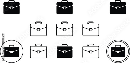 Collection of black and outline briefcase icons featuring various business bag styles and office portfolio symbols for corporate professional work design