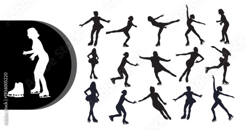 Collection of female ice skaters in various poses and movements