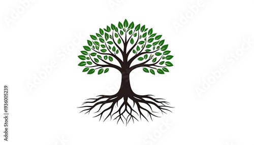 A vibrant tree of life with deep roots and green leaves.