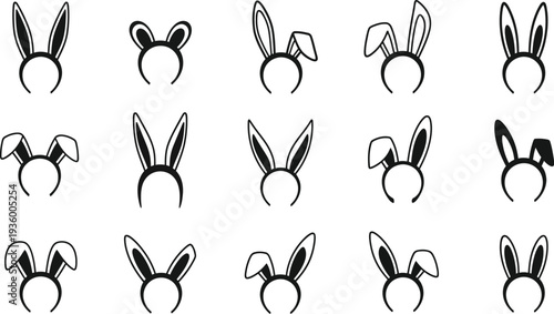 Easter rabbit, bunny ear headband in different positions and arrangements, such as upright, floppy, or angled. 